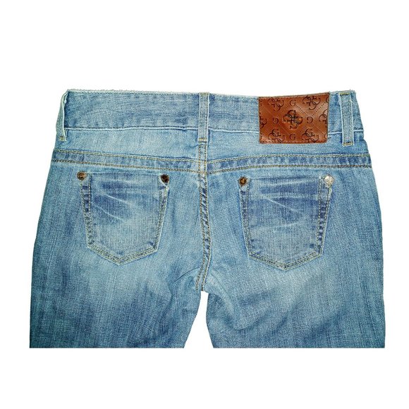 Guess Premium Light Wash Low-Rise Fringe Daredevil Boot Jeans Gold Buttons Sz 26 - Picture 10 of 13